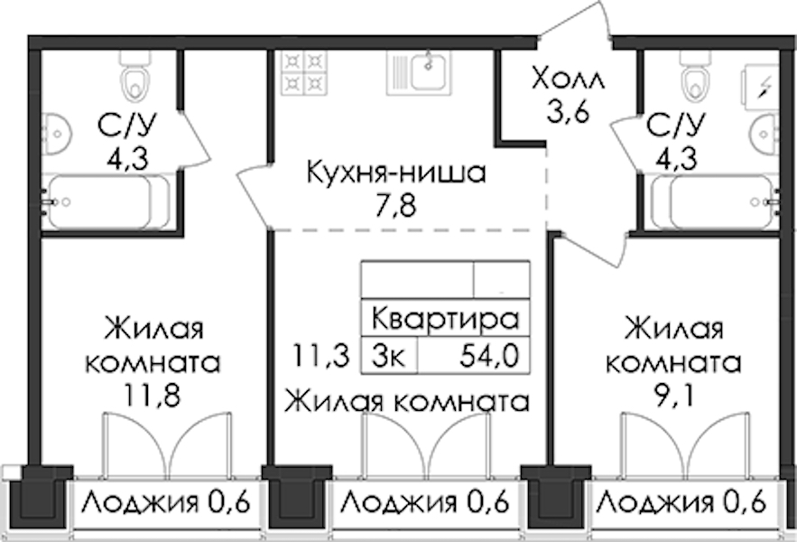 2-комнатная квартира 54 м², 9/9 эт., ЖК «Лермонтовский 54»